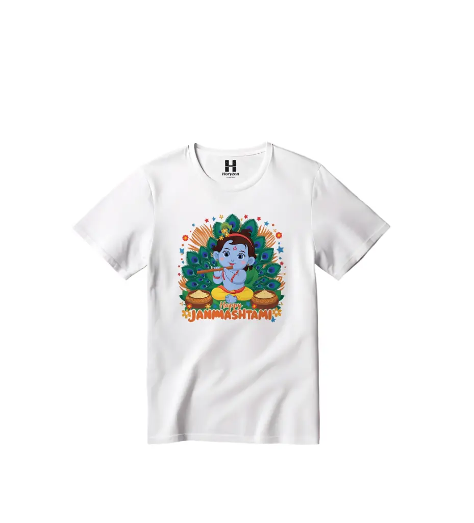 Krishna Janmashtami Graphic Print T-Shirt - 100% Cotton, Half Sleeve, Unisex Fit, White (0-6 Months, Online Payment)