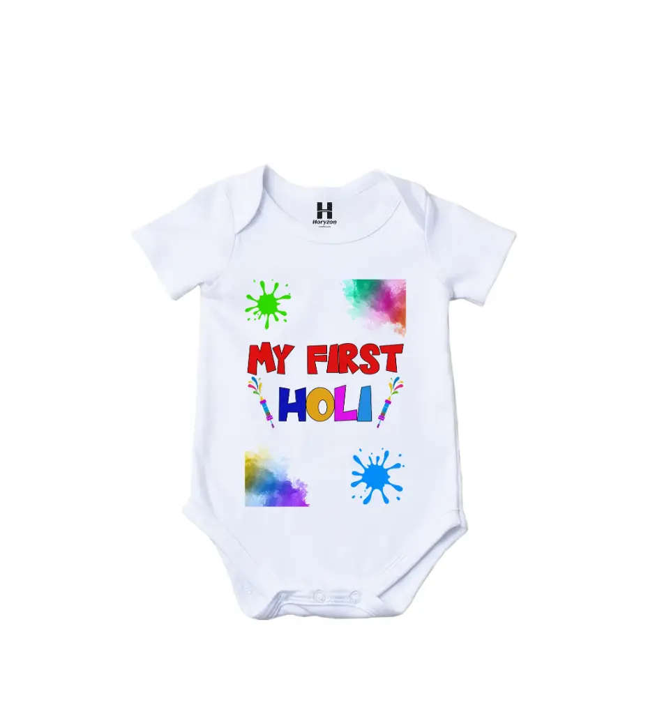 My First Holi Graphic Print Romper - 100% Cotton, Half Sleeve, Unisex Fit, White | Holi Romper / Onesies (0-3 Months, Online Payment)
