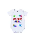 My First Holi Graphic Print Romper - 100% Cotton, Half Sleeve, Unisex Fit, White | Holi Romper / Onesies