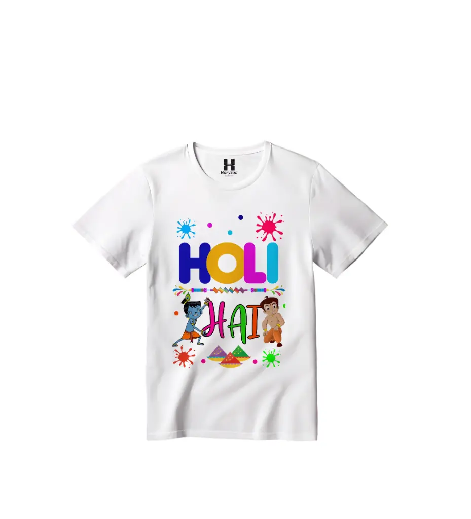 Holi With Krishna and Chhota Bheem Graphic Print T-Shirt - 100% Cotton, Half Sleeve, Unisex Fit, White | Holi T-Shirt (0-6 Months, Online Payment)