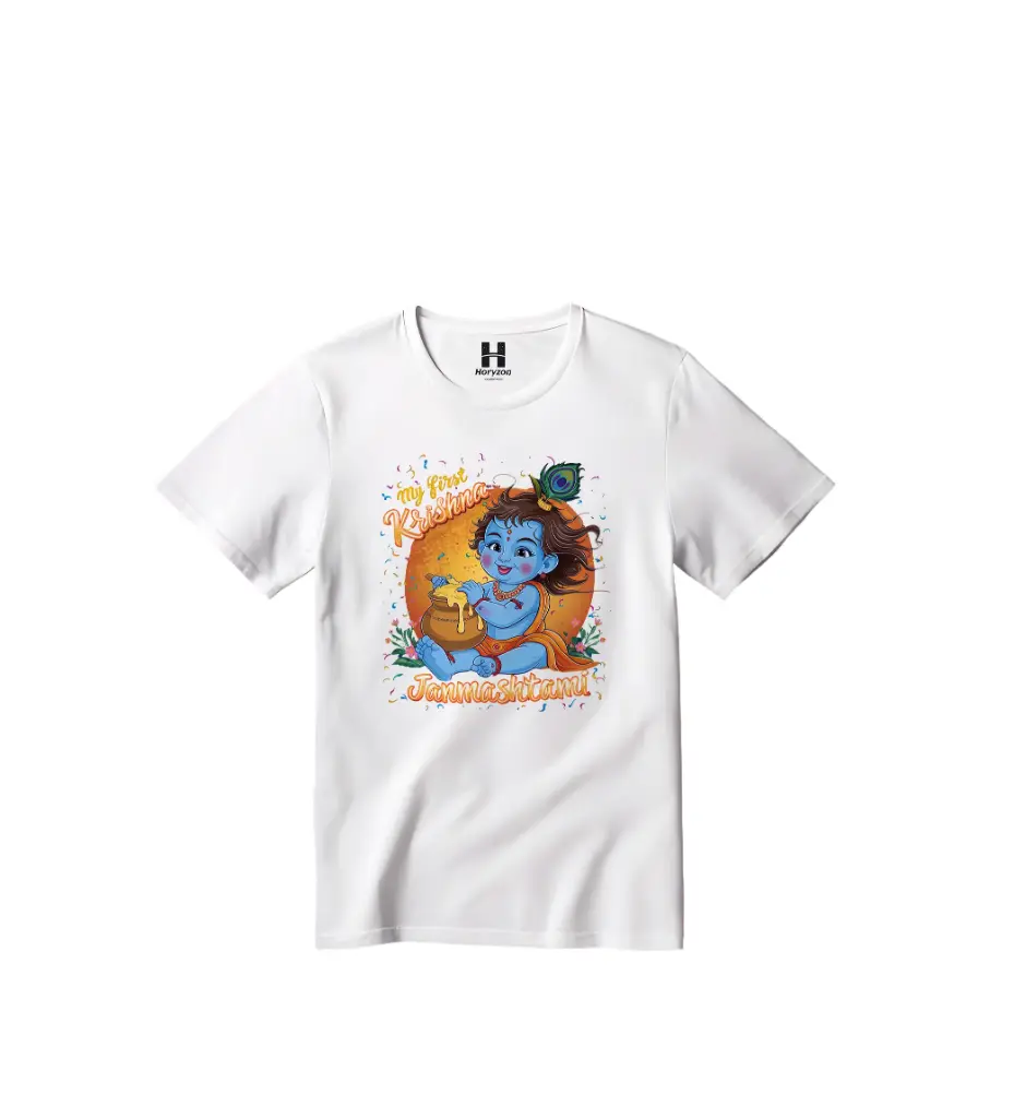 My first Krishna janmashtami Graphic Print T-Shirt - 100% Cotton, Half Sleeve, Unisex Fit, White (0-6 Months, Online Payment)