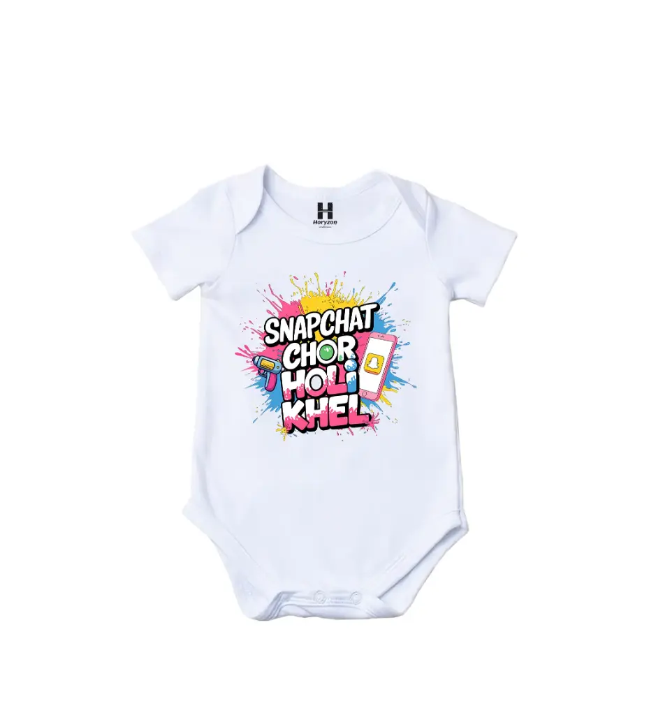 Snapchat Chor Holi Khel Graphic Print Romper - 100% Cotton, Half Sleeve, Unisex Fit, White | Holi Romper / Onesies (0-3 Months, Online Payment)
