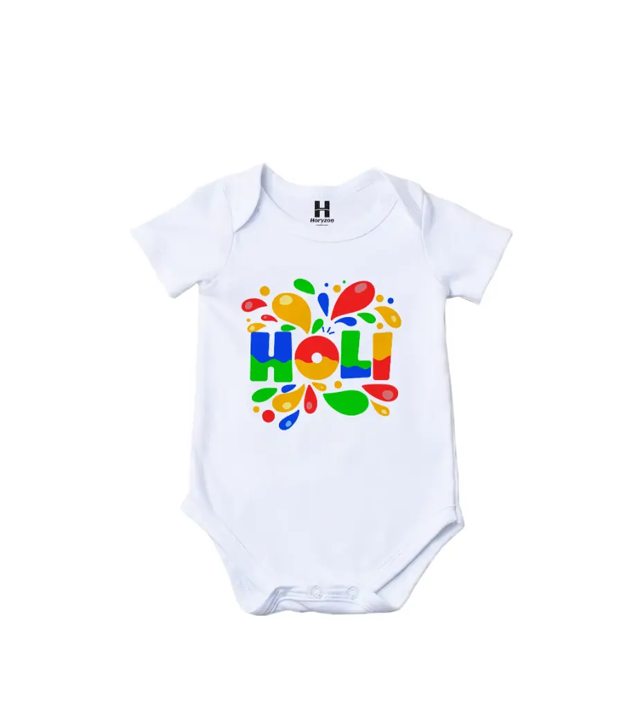 Splash Festival Graphic Print Romper - 100% Cotton, Half Sleeve, Unisex Fit, White | Holi Romper / Onesies (0-3 Months, Online Payment)