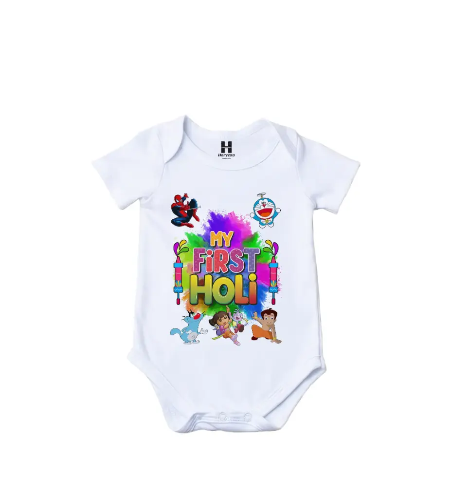 Superheroes and Friends Holi Fiesta Graphic Print Romper - 100% Cotton, Half Sleeve, Unisex Fit, White | Holi Romper / Onesies (0-3 Months, Online Payment)