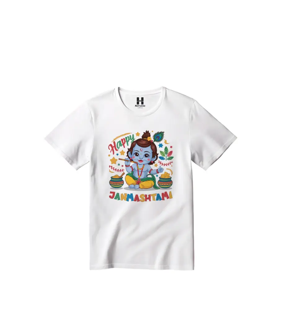 Happy Janmashtami Graphic Print T-Shirt - 100% Cotton, Half Sleeve, Unisex Fit, White (0-6 Months, Online Payment)