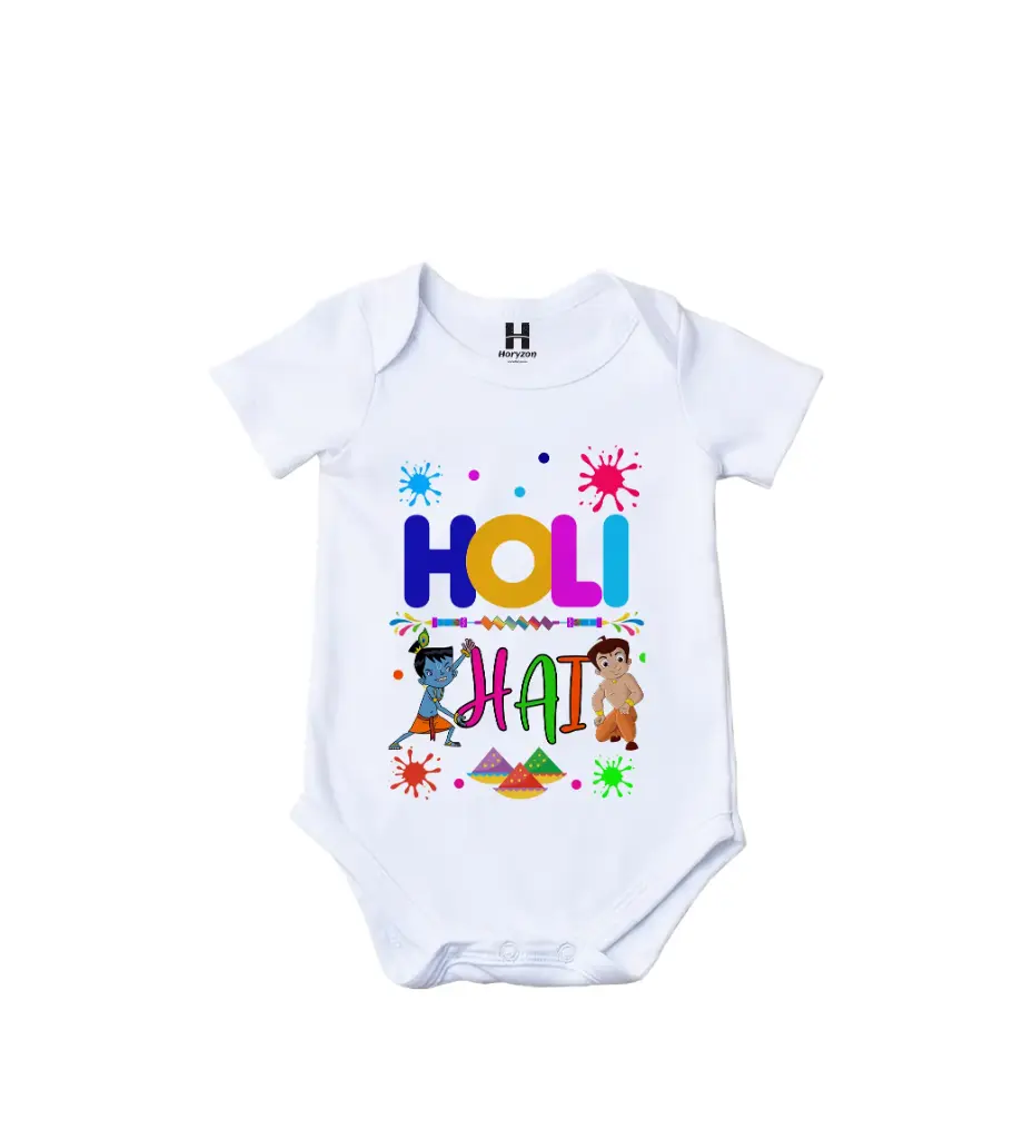 Holi With Krishna and Chhota Bheem Graphic Print Romper - 100% Cotton, Half Sleeve, Unisex Fit, White | Holi Romper / Onesies (0-3 Months, Online Payment)