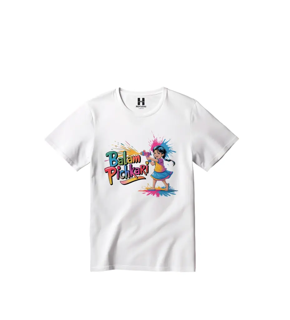 Balam Pichkari Graphic Print T-Shirt - 100% Cotton, Half Sleeve, Unisex Fit, White | Holi T-Shirt (0-6 Months, Online Payment)