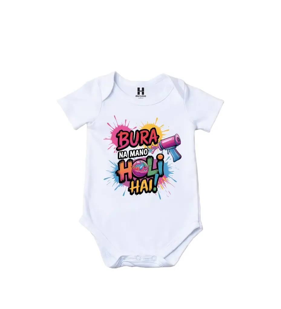 Bura Na Mano Holi Hai Graphic Print Romper - 100% Cotton, Half Sleeve, Unisex Fit, White | Holi Romper / Onesies (0-3 Months, Online Payment)