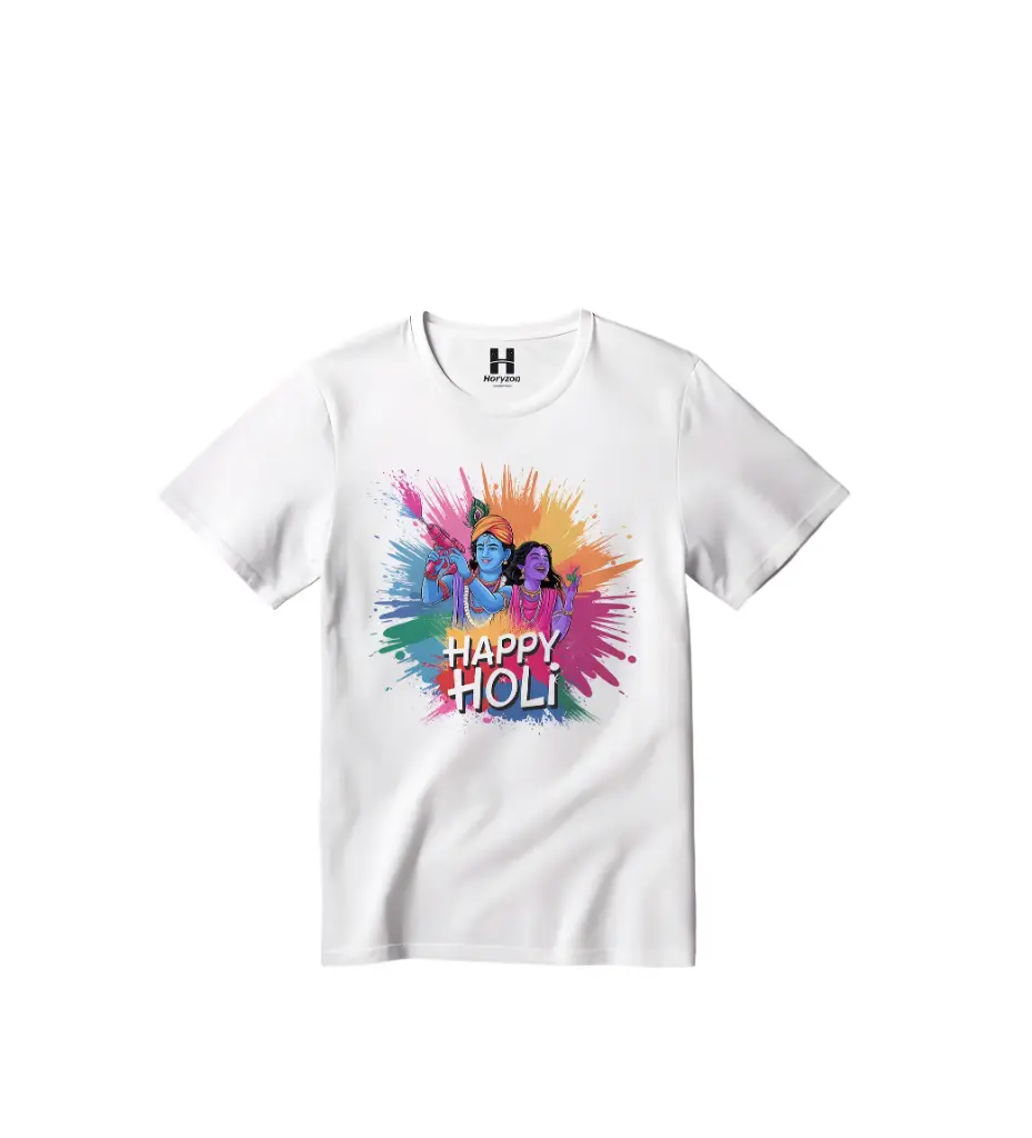 Radha krishna Happy Holi Graphic Print T-Shirt - 100% Cotton, Half Sleeve, Unisex Fit, White | Holi T-Shirt (0-6 Months, Online Payment)