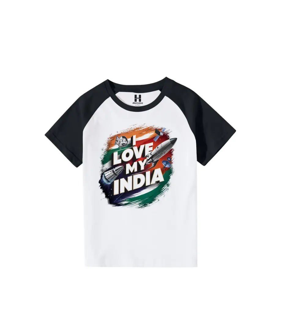 I Love My India Graphic Print Raglan T-Shirt - 100% Cotton, Half Sleeve, Unisex Fit, Black and White (0-6 Months, Online Payment)