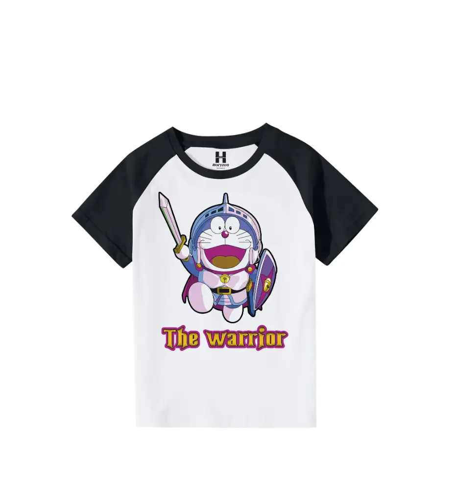 Doraemon the Warrior Graphic Print Raglan T-Shirt - 100% Cotton, Half Sleeve, Unisex Fit, Black and White (0-6 Months, Online Payment)