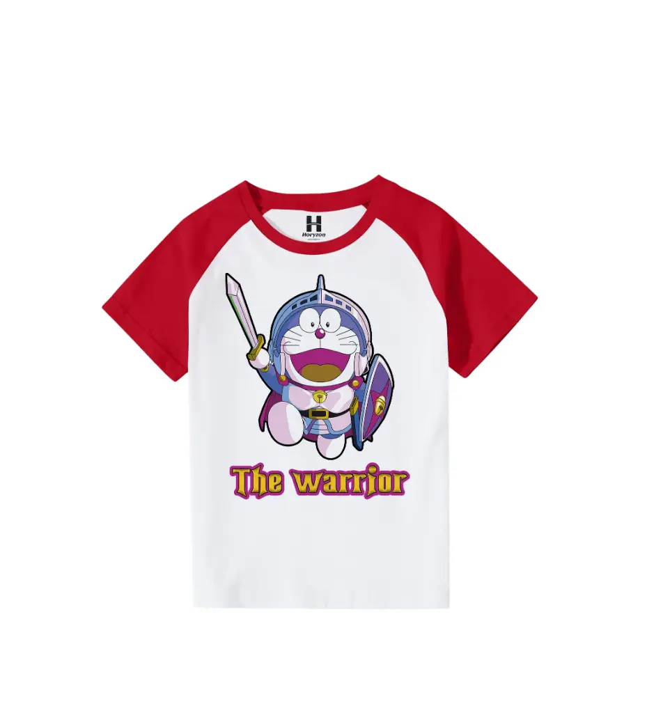 Doraemon the Warrior Graphic Print Raglan T-Shirt - 100% Cotton, Half Sleeve, Unisex Fit, Red and White (0-6 Months, Online Payment)