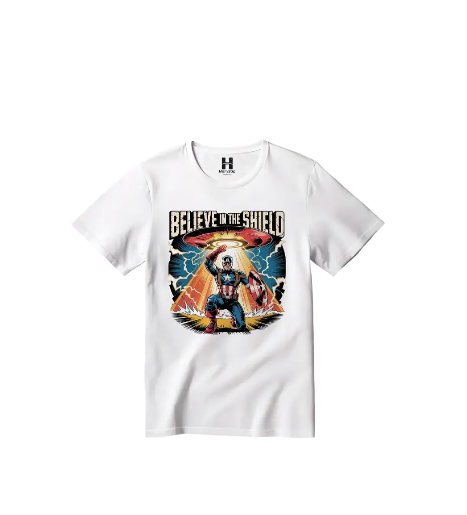 Believe in the Shield Graphic Print T-Shirt - 100% Cotton, Half Sleeve, Unisex Fit, White (0-6 Months, Online Payment)