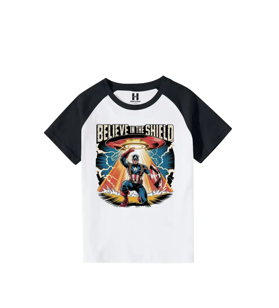 Believe in the Shield Graphic Print Raglan T-Shirt - 100% Cotton, Half Sleeve, Unisex Fit, Black and White (0-6 Months, Online Payment)