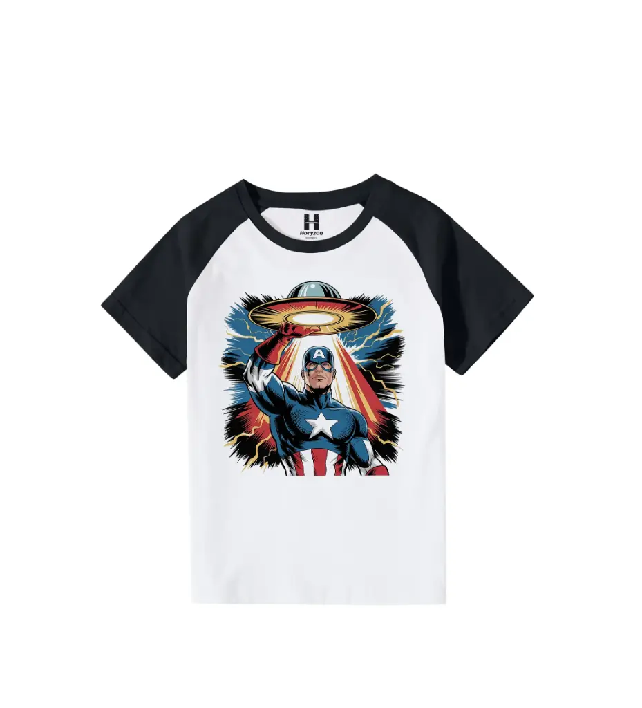 Cosmic Captain America Graphic Print Raglan T-Shirt - 100% Cotton, Half Sleeve, Unisex Fit, Black and White (0-6 Months, Online Payment)