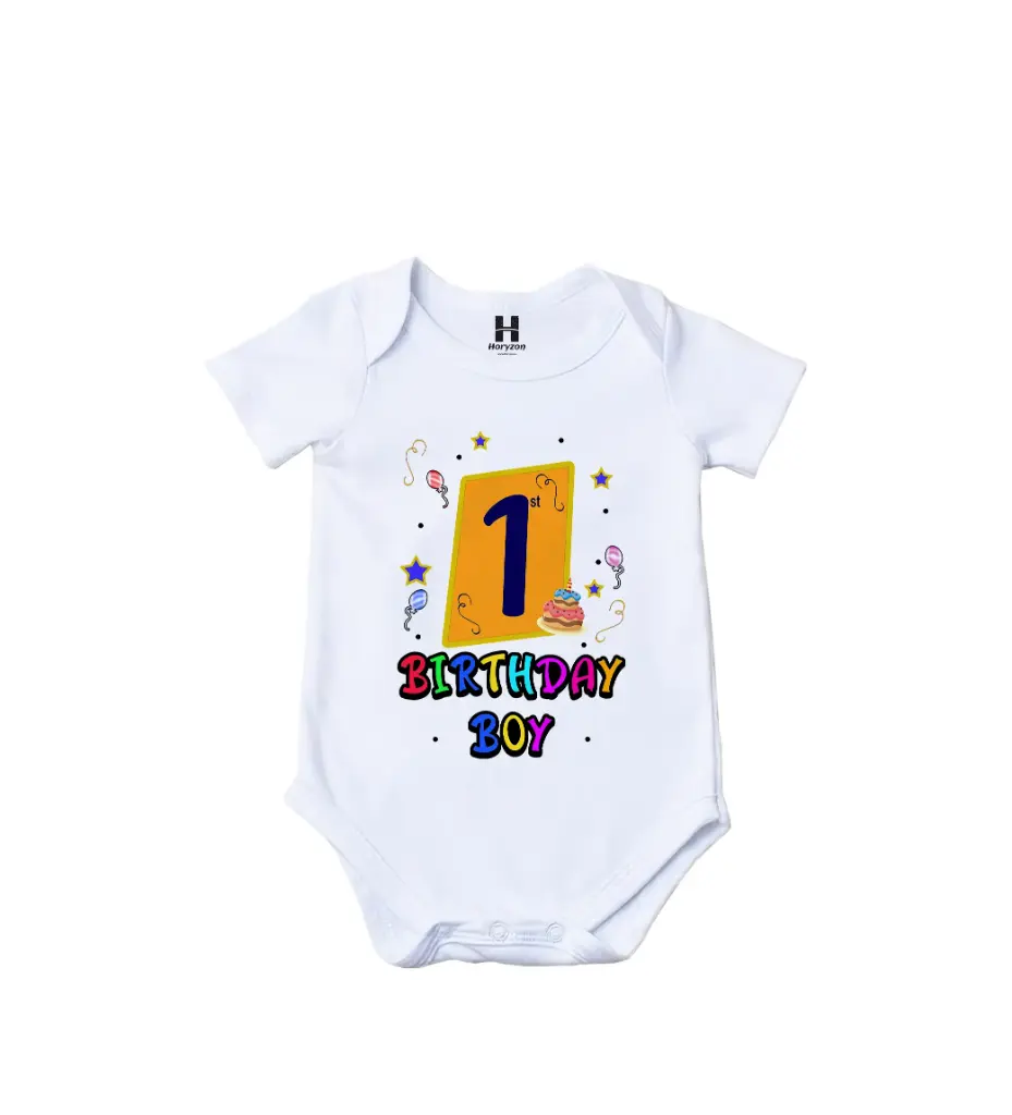 My 1st Happy Birthday Graphic Print 100% Cotton Half Sleeve White Romper/Onesies For Boy (0-3 Months)
