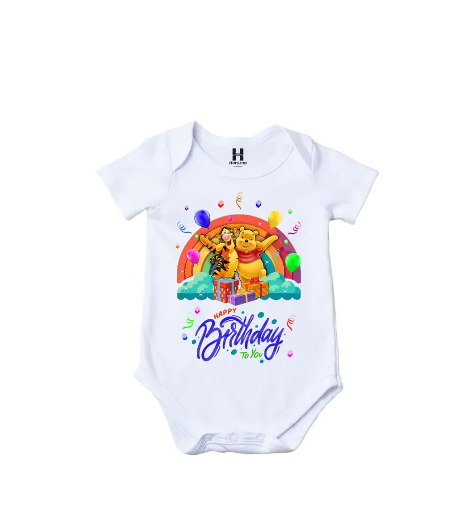 Birthday Buddies Graphic Print Romper - 100% Cotton, Half Sleeve, Unisex Fit, White | Holi Romper / Onesies (0-3 Months)