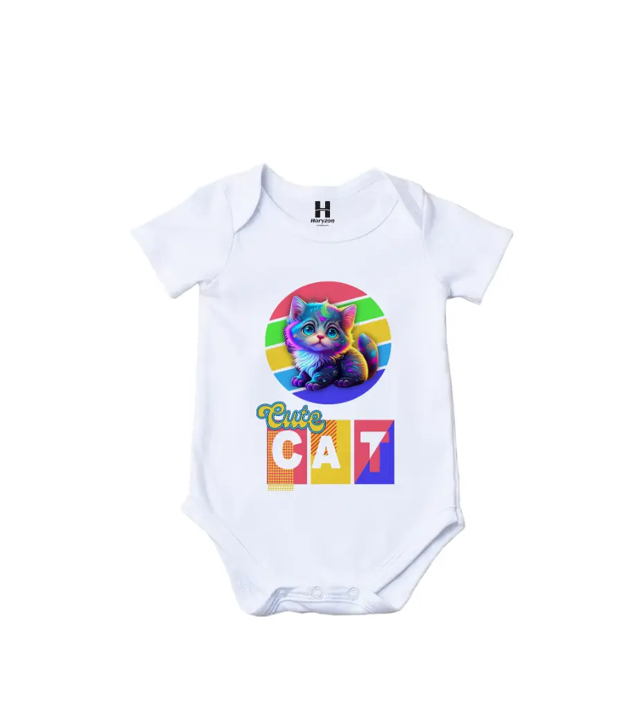 Cute Cat Graphic Print Romper - 100% Cotton, Half Sleeve, Unisex Fit, White | Holi Romper / Onesies (0-3 Months)