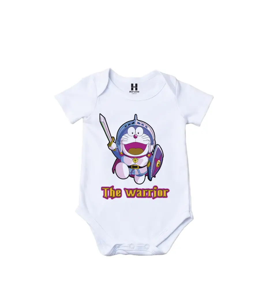 Doraemon the Warrior Graphic Print Romper - 100% Cotton, Half Sleeve, Unisex Fit, White | Holi Romper / Onesies (0-3 Months)