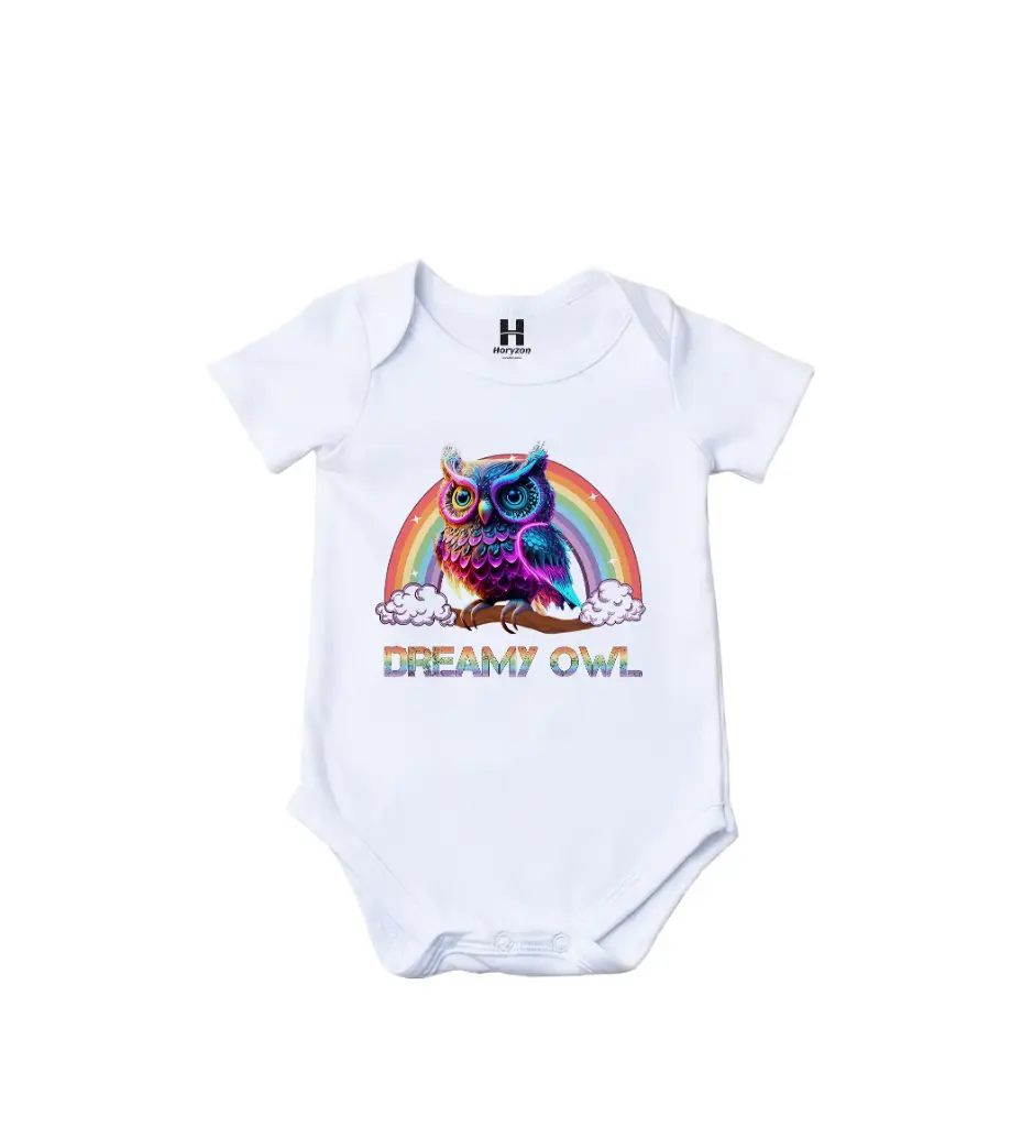 Dreamy Owl Graphic Print Romper - 100% Cotton, Half Sleeve, Unisex Fit, White | Holi Romper / Onesies (0-3 Months)