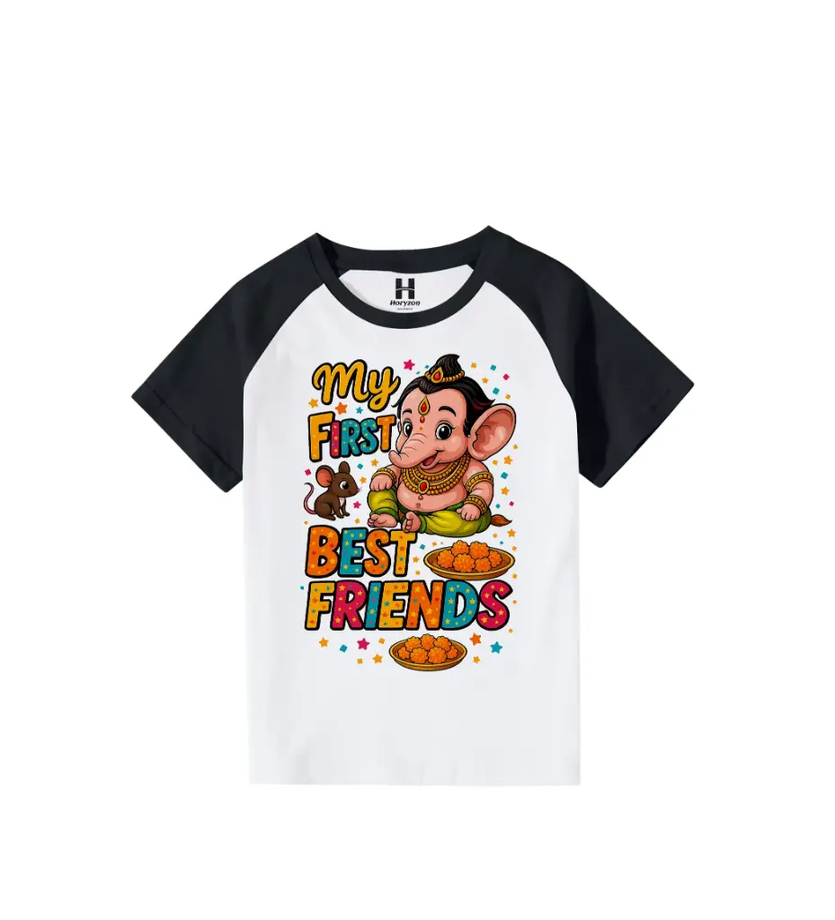 My First Best Friends Graphic Print Raglan T-Shirt - 100% Cotton, Half Sleeve, Unisex Fit, Black and White (0-6 Months, Online Payment)