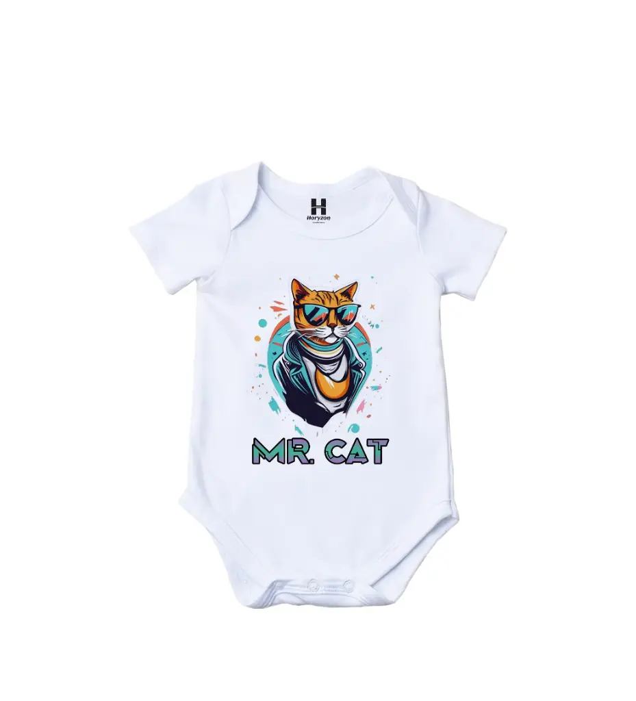 Mr.Cat Graphic Print Romper - 100% Cotton, Half Sleeve, Unisex Fit, White | Holi Romper / Onesies (0-3 Months)