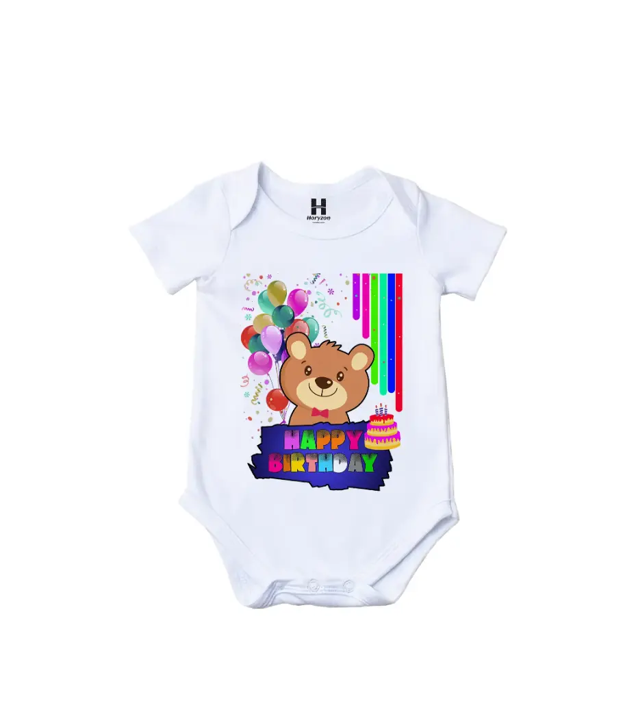 Happy Birthday Graphic Print Romper - 100% Cotton, Half Sleeve, Unisex Fit, White | Holi Romper / Onesies (0-3 Months)