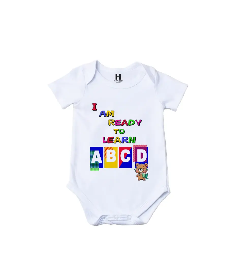 Learn ABCD Graphic Print Romper - 100% Cotton, Half Sleeve, Unisex Fit, White | Holi Romper / Onesies (0-3 Months)