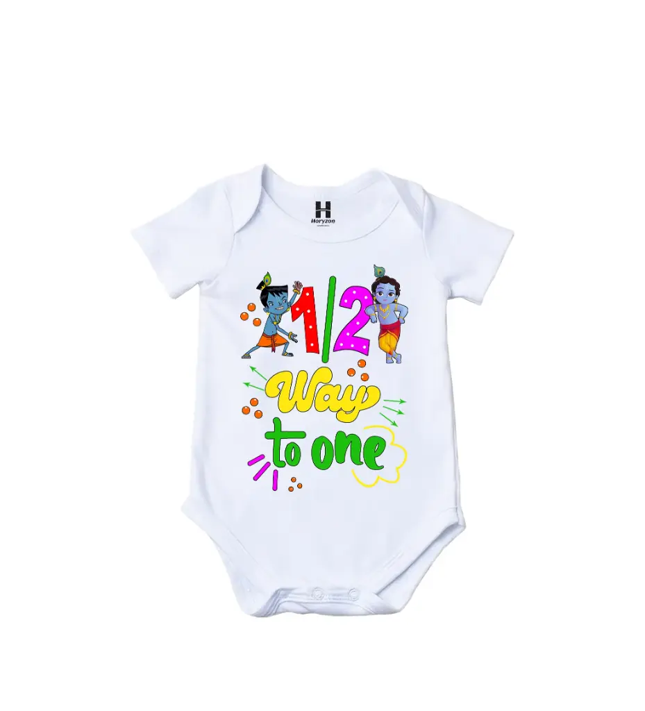 Half Way to One Graphic Print Romper - 100% Cotton, Half Sleeve, Unisex Fit, White | Holi Romper / Onesies (0-3 Months)