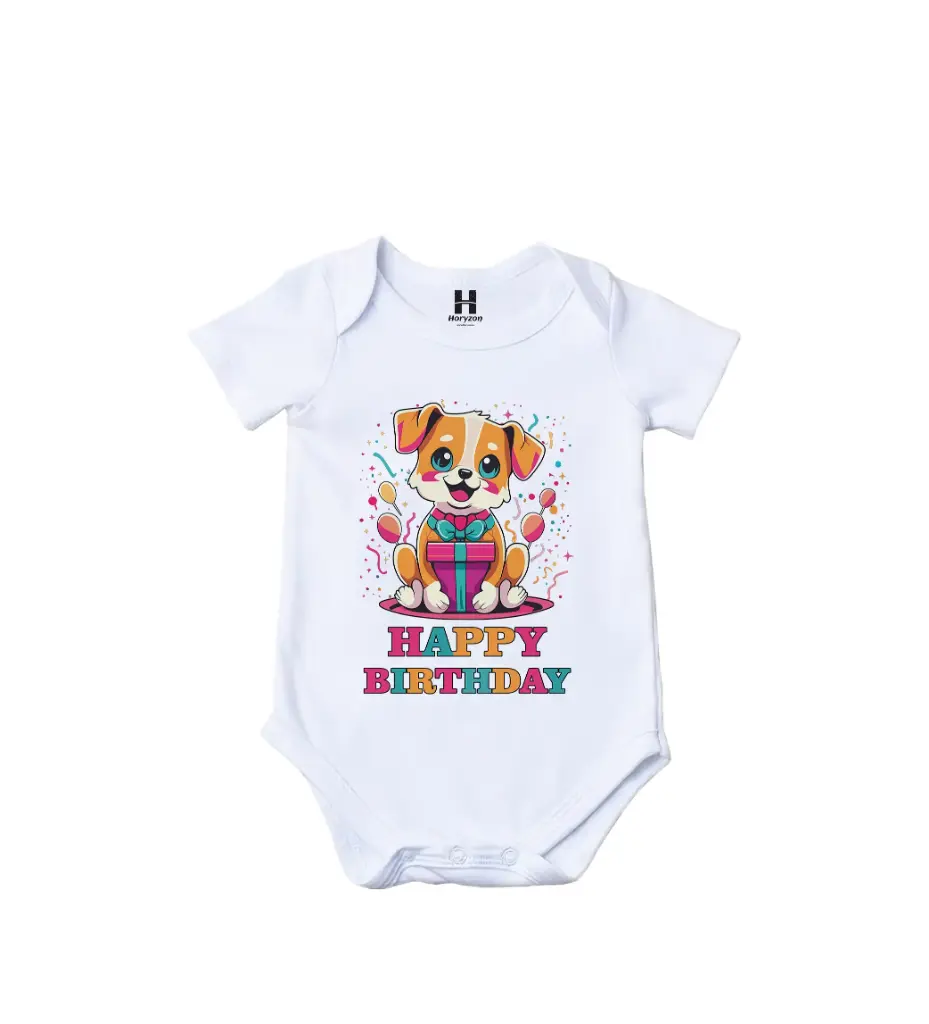 Joyful Balloons Birthday Graphic Print Romper - 100% Cotton, Half Sleeve, Unisex Fit, White | Holi Romper / Onesies (0-3 Months)
