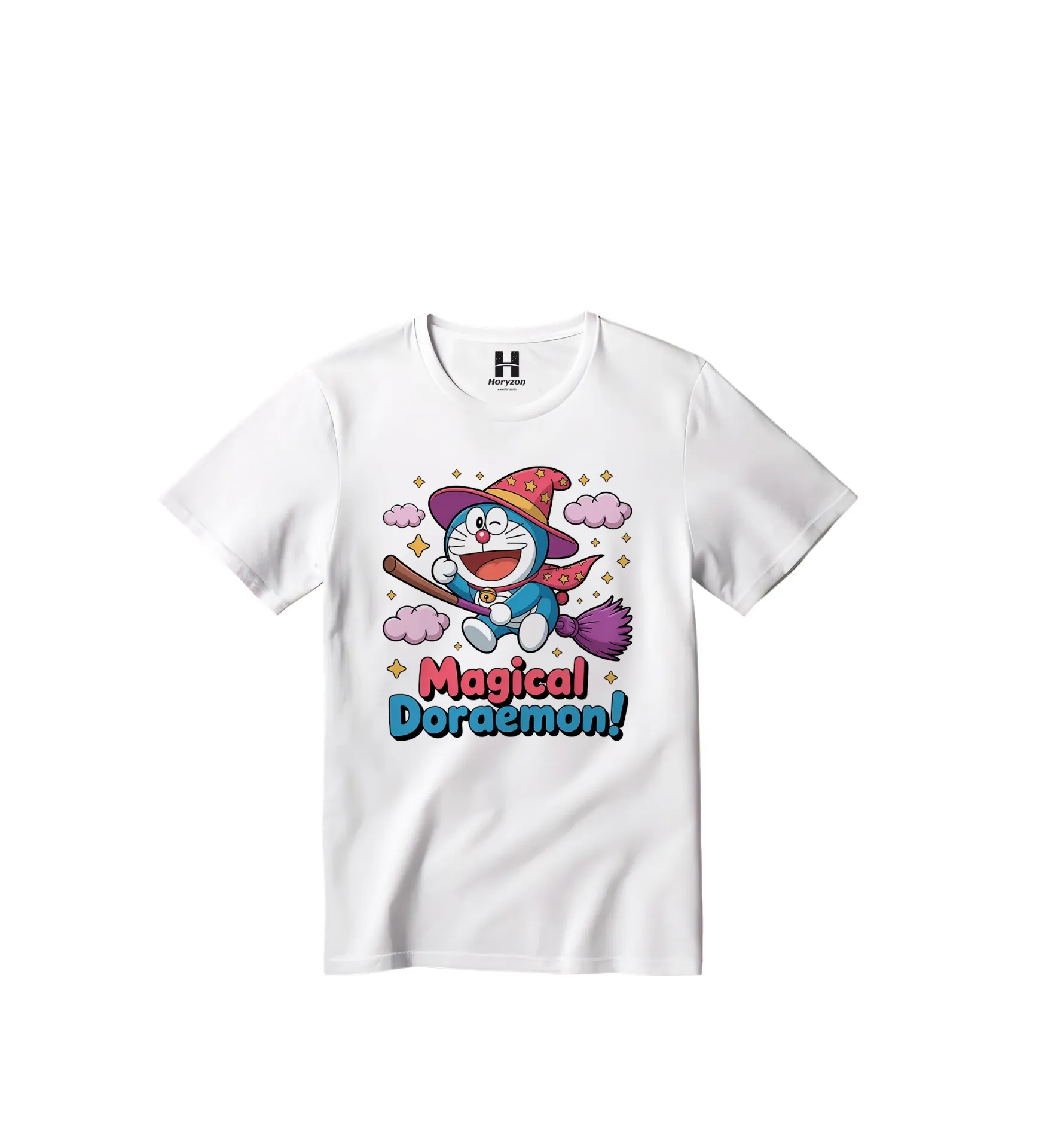 Magical Doraemon Graphic Print T-Shirt - 100% Cotton, Half Sleeve, Unisex Fit, White