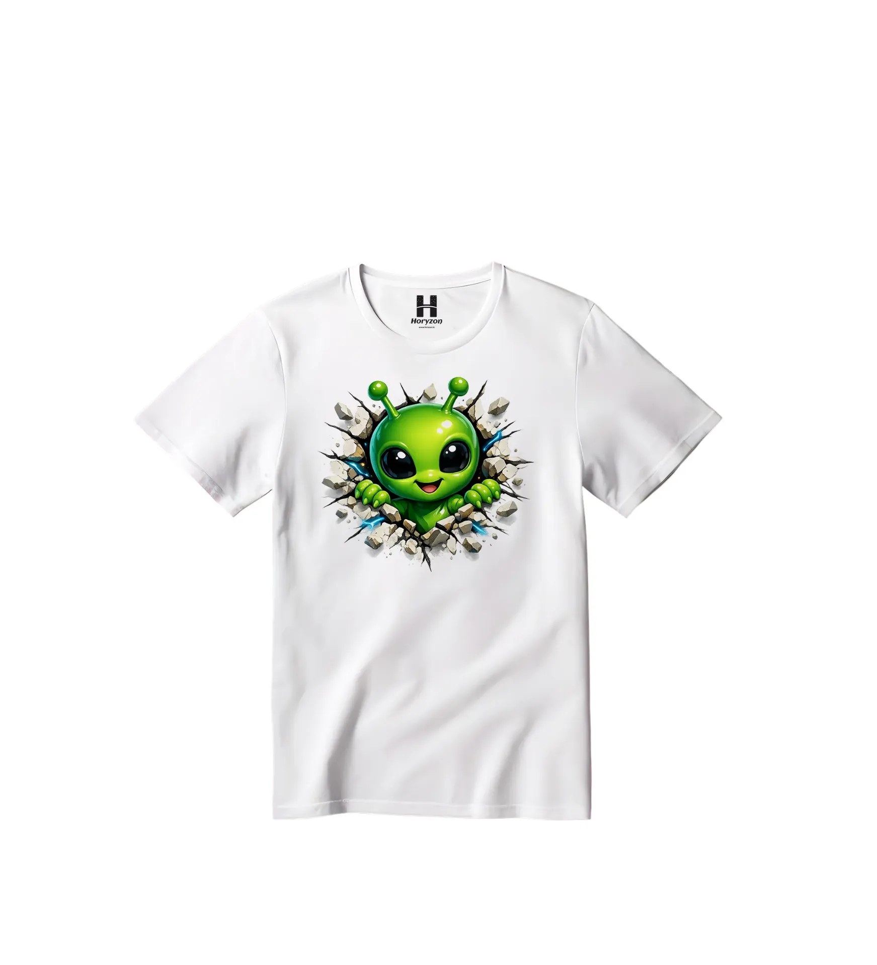 Green Alien Cartoon Graphic Print T-Shirt - 100% Cotton, Half Sleeve, Unisex Fit, White (0-6 Months, Online Payment)