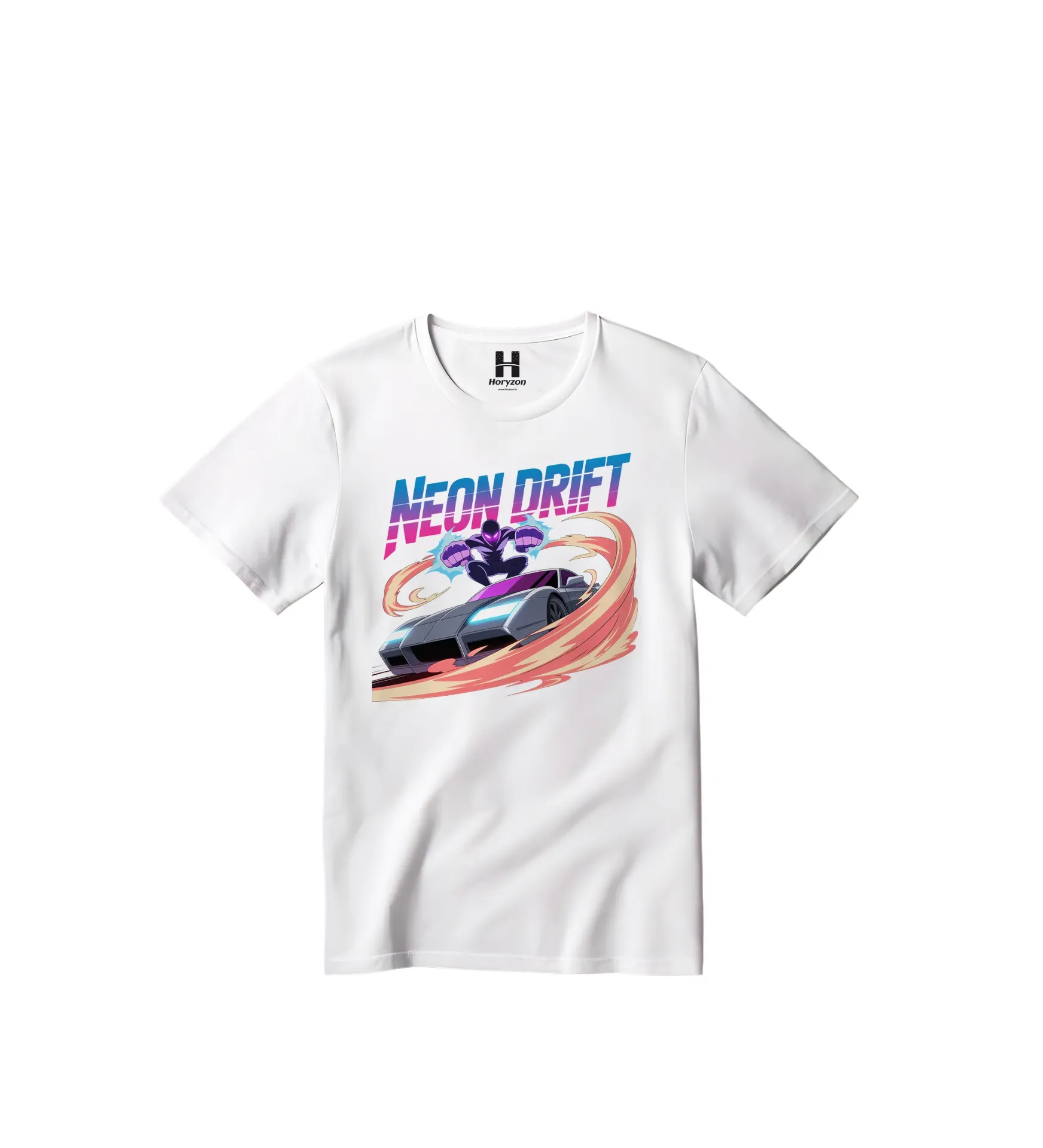 Neon Drift Graphic Print T-Shirt - 100% Cotton, Half Sleeve, Unisex Fit, White